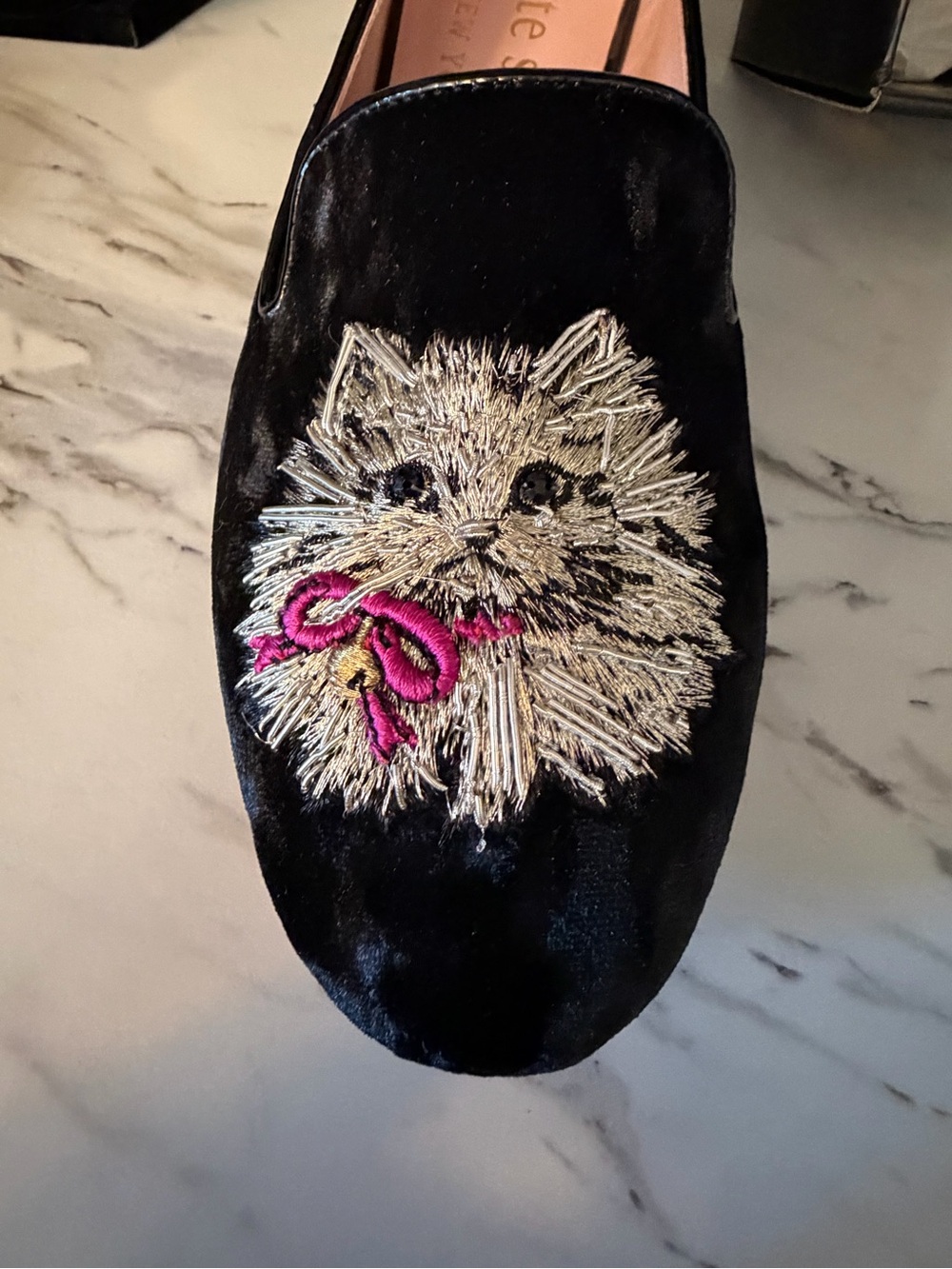 Kate Spade Lounge Loafer Whiskers Black Velvet Cat Shoes Size 8 - Picture 6 of 8